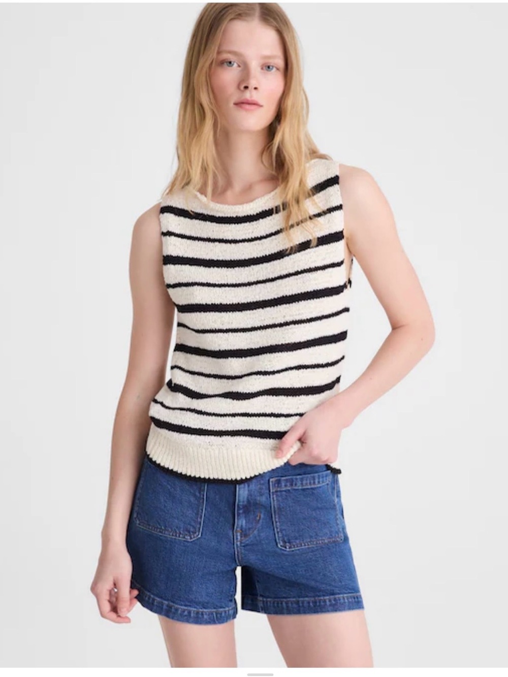 Madewell Black and Cream Striped Boatneck Knit Sleeveless Tank XS OA220 $78 NWOT